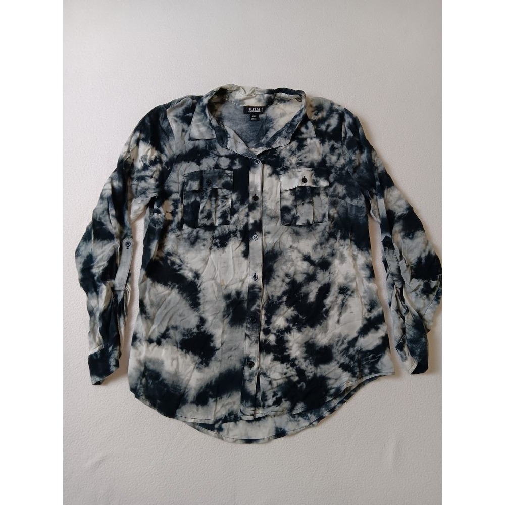 a.n.a Womens PM Petite Medium Tie Dye Button Down Shirt Rayon Black White Long